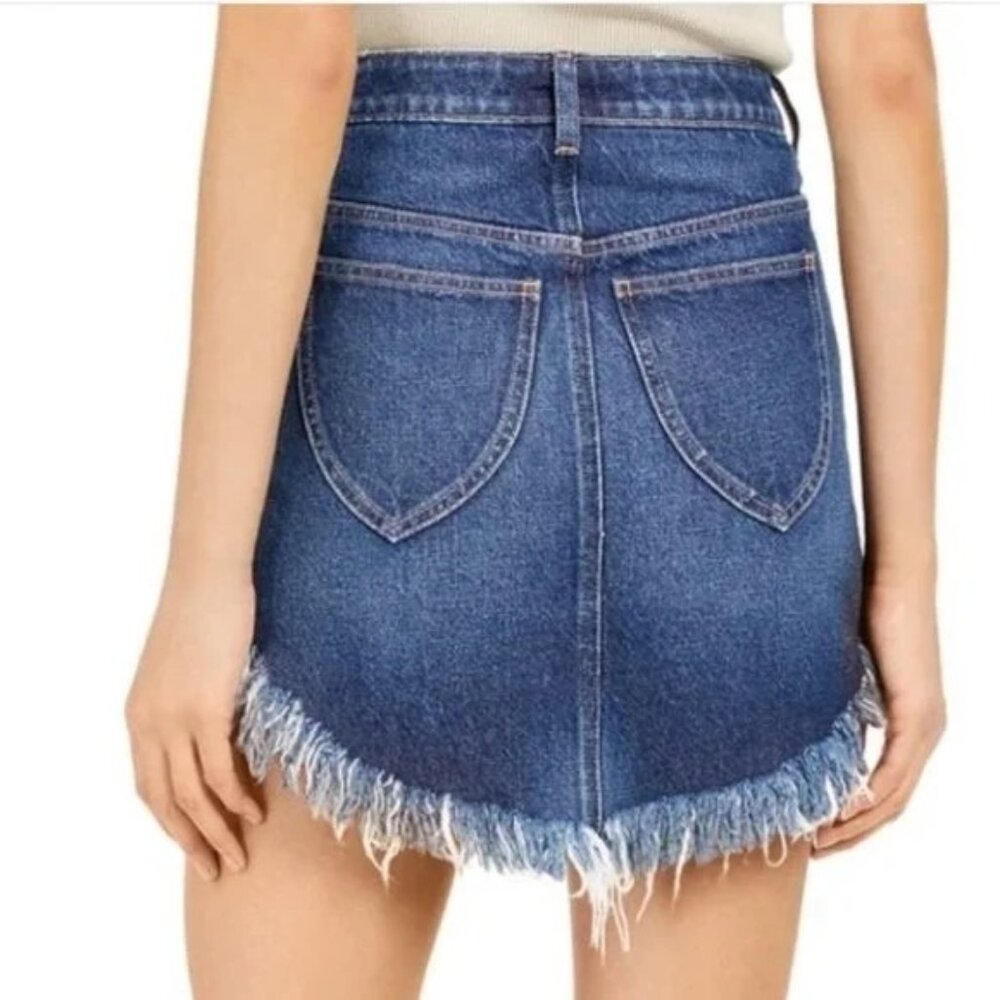 Free People Bailey Denim Fringe High Waist Mini Skirt Dark Blue 29 - Picture 3 of 9